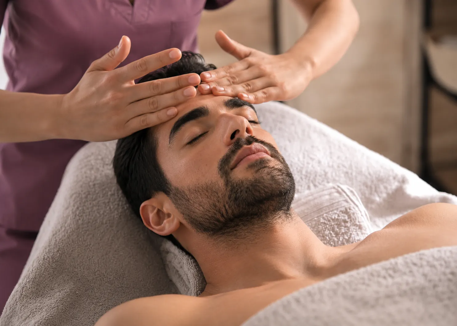 Client relaxing during the calming facial massage portion of a Gentleman's Facial at SI Glam Glow
