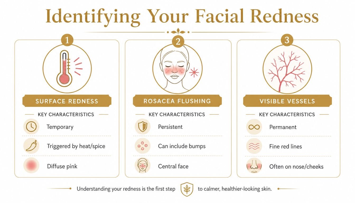 An infographic titled Identifying Your Facial Redness, explaining three types: surface redness, rosacea flushing, and visible vessels.