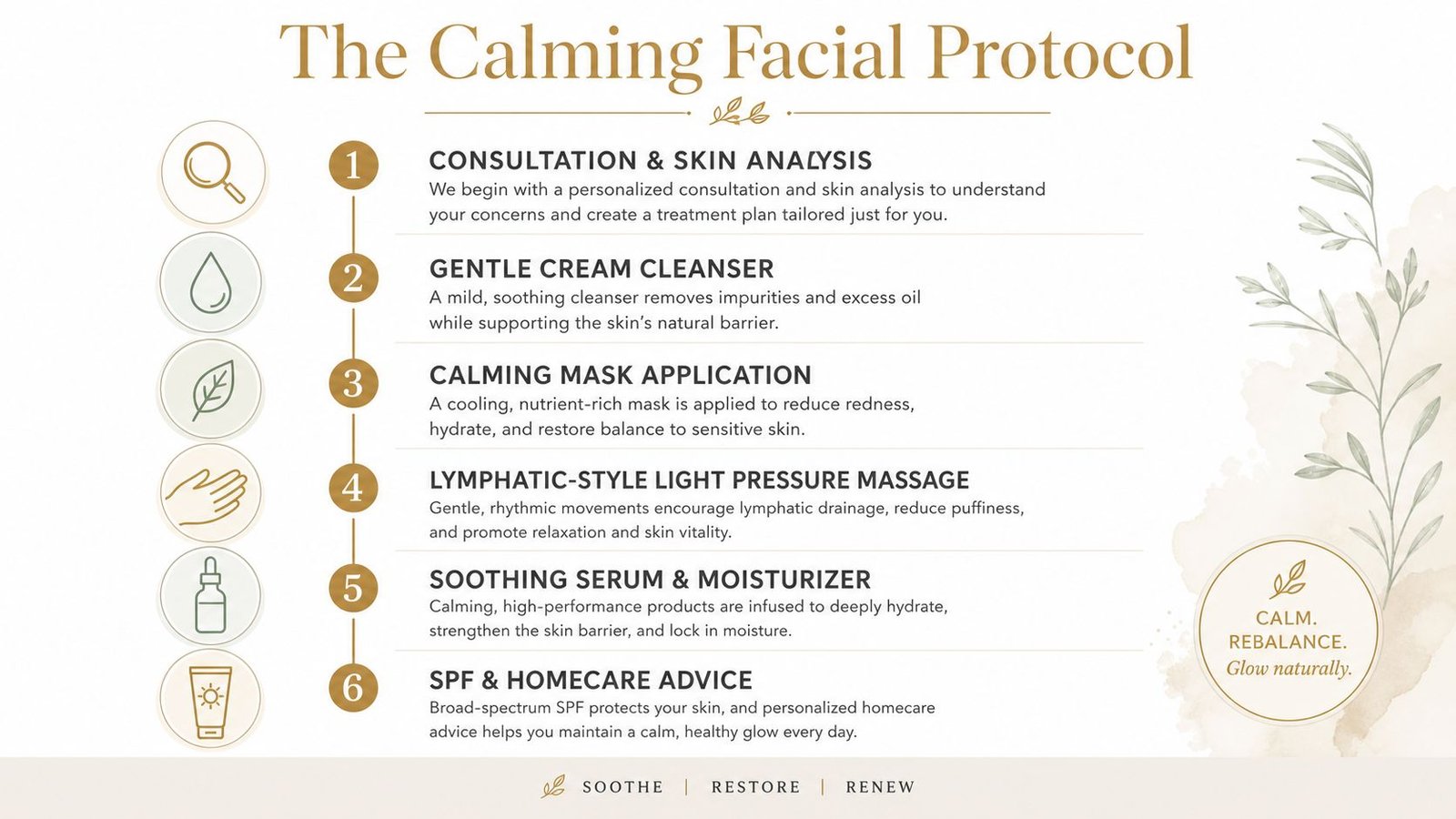 An infographic titled The Calming Facial Protocol outlining six steps for a soothing professional skincare treatment.