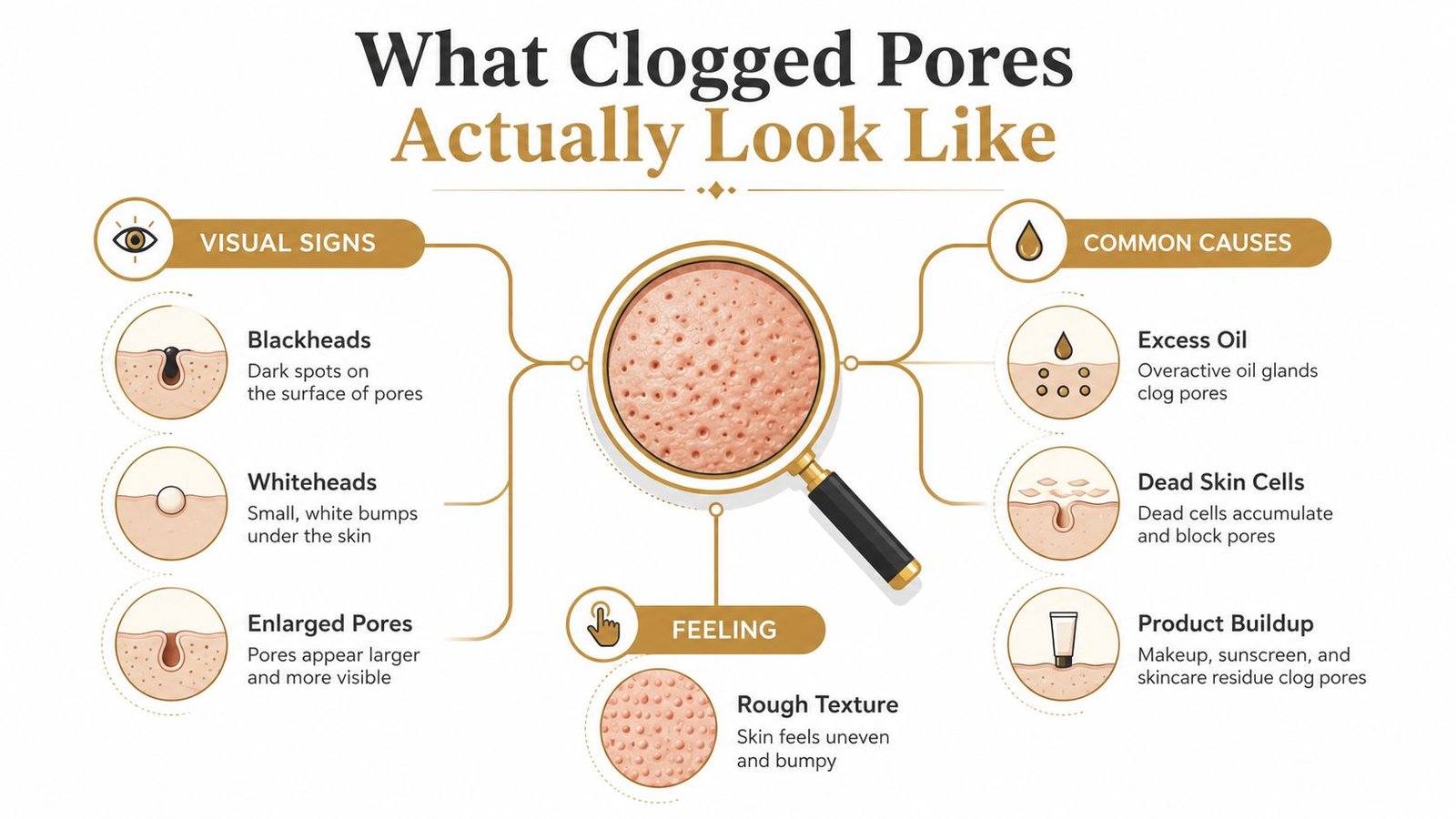 An infographic detailing the visual signs, common causes, and physical feeling of clogged skin pores.