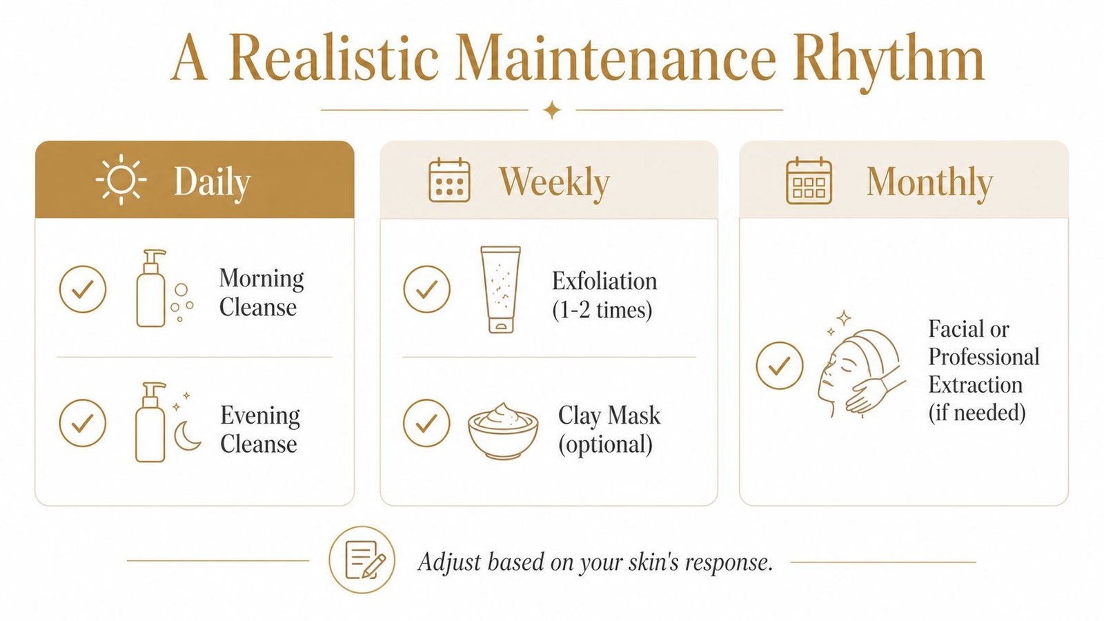 A skincare maintenance rhythm infographic showing daily, weekly, and monthly steps for healthy, clear skin routines.