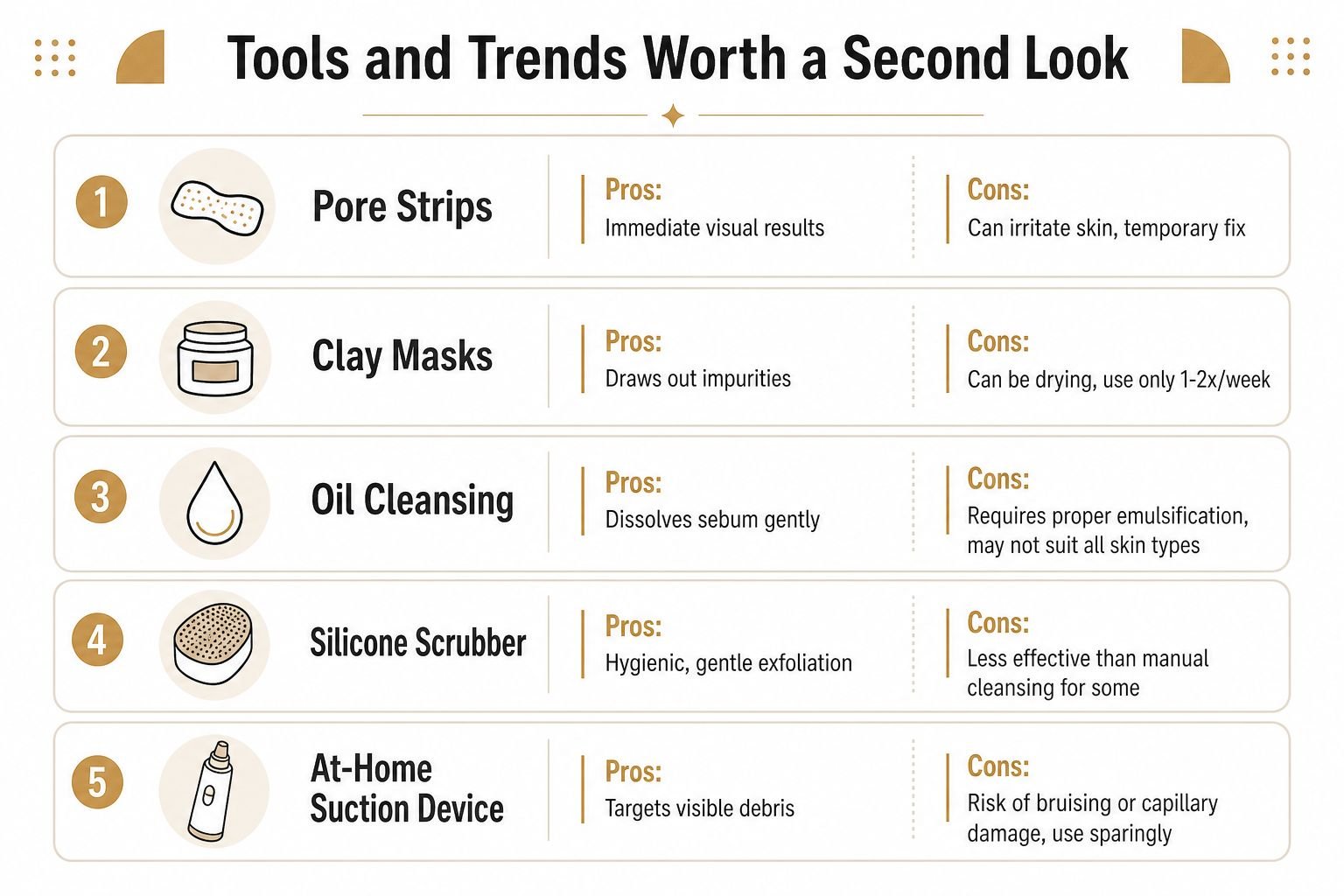 A table comparing the pros and cons of five common skincare tools and trends for clogged pores.